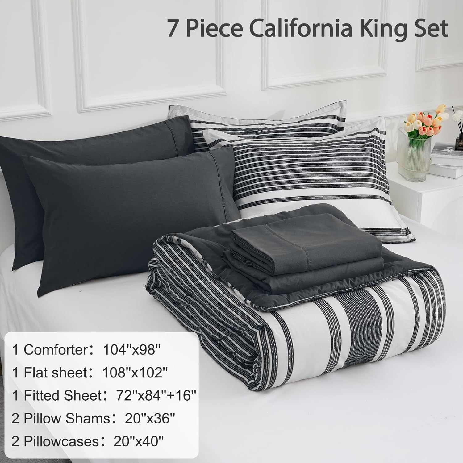 PHF Juego de edredón California King de 7 piezas, ropa de cama a rayas en una bolsa, edredón gris carbón y blanco y juego de sábanas de 18 pulgadas