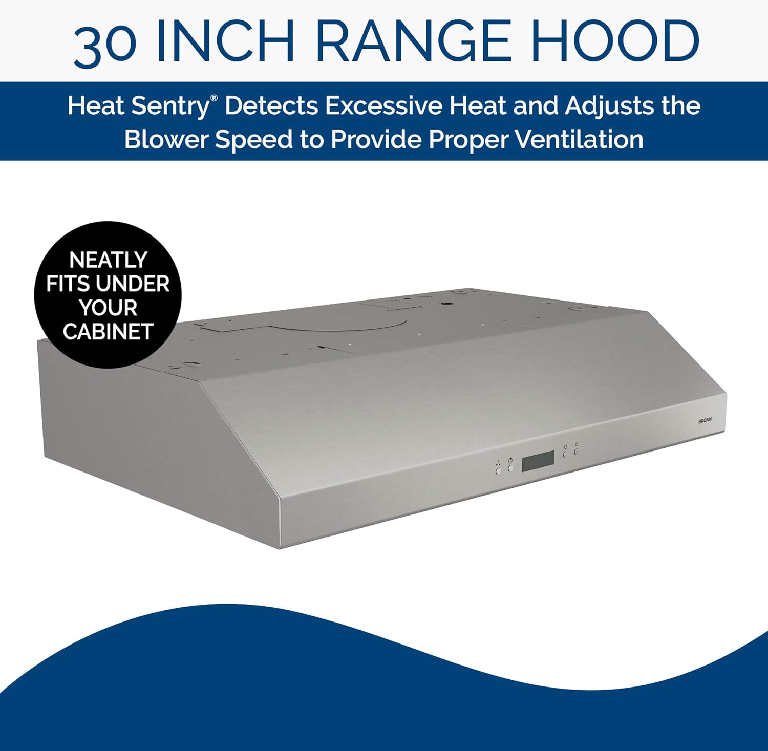 Broan-NuTone Glacier Campana extractora convertible de 4 vías para debajo del gabinete de 30 pulgadas con ventilador de escape de 3 velocidades y