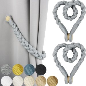 Porlau Paquete de 2 alzapaños magnéticos grises suaves para cortinas, de algodón, tejido a mano, con hebilla de madera, para decoración del hogar y Porlau Paquete de 2 alzapaños magnéticos grises suaves para cortinas, de algodón, tejido a mano, con hebilla de madera, para decoración del hogar y