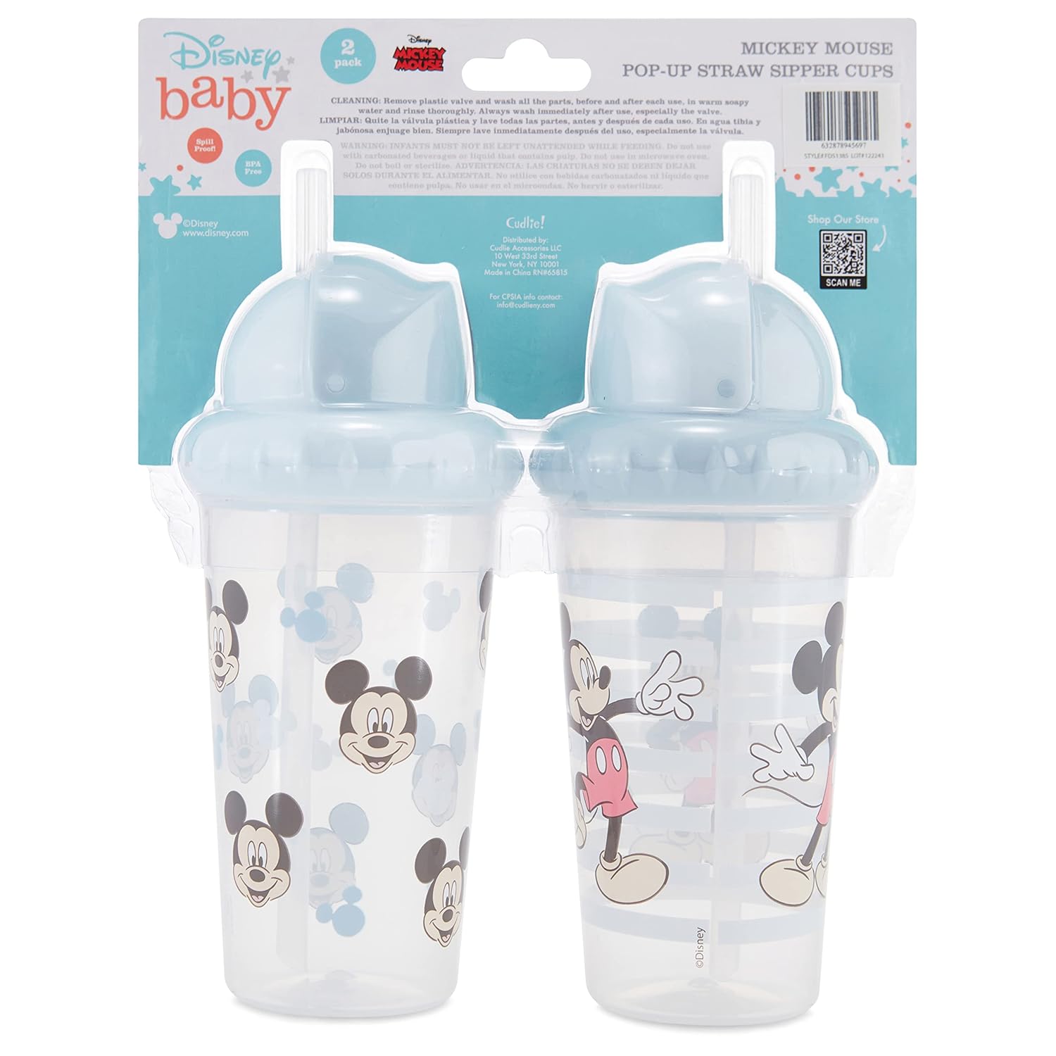 Disney Vasos para sorber para niños y niñas  Paquete de dos vasos para sorber de 10 onzas con popote y tapa, botella de agua de viaje azul duradera