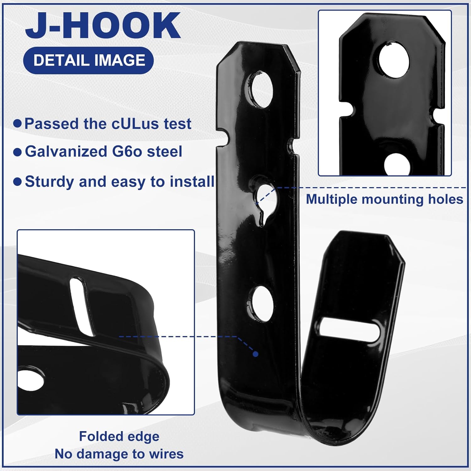Zonon Soporte de cable negro con gancho en J para colgar gancho en J de metal resistente para gestión de cables y cables, acero galvanizado (34