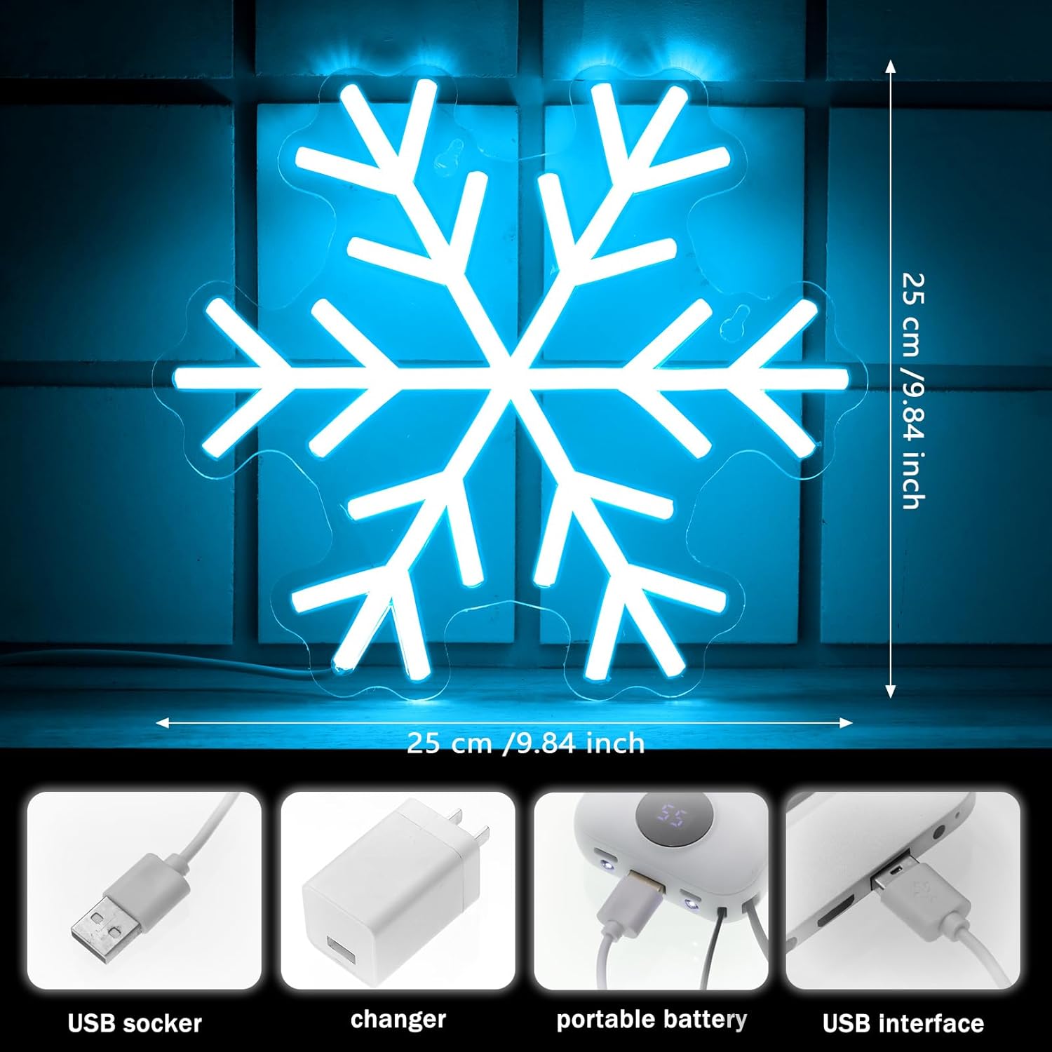 Treela Letrero de neón de copo de nieve de Navidad, letrero de neón azul hielo, luz de neón de Navidad, decoración de Navidad con USB, para colgar