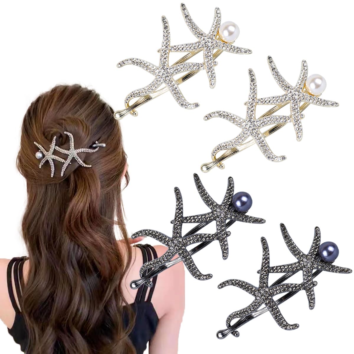 KuuGuu 4 pinzas para el cabello, diseño de estrella de mar, estilo francés, horquilla de metal con estrella de mar, estrella de mar, horquilla de