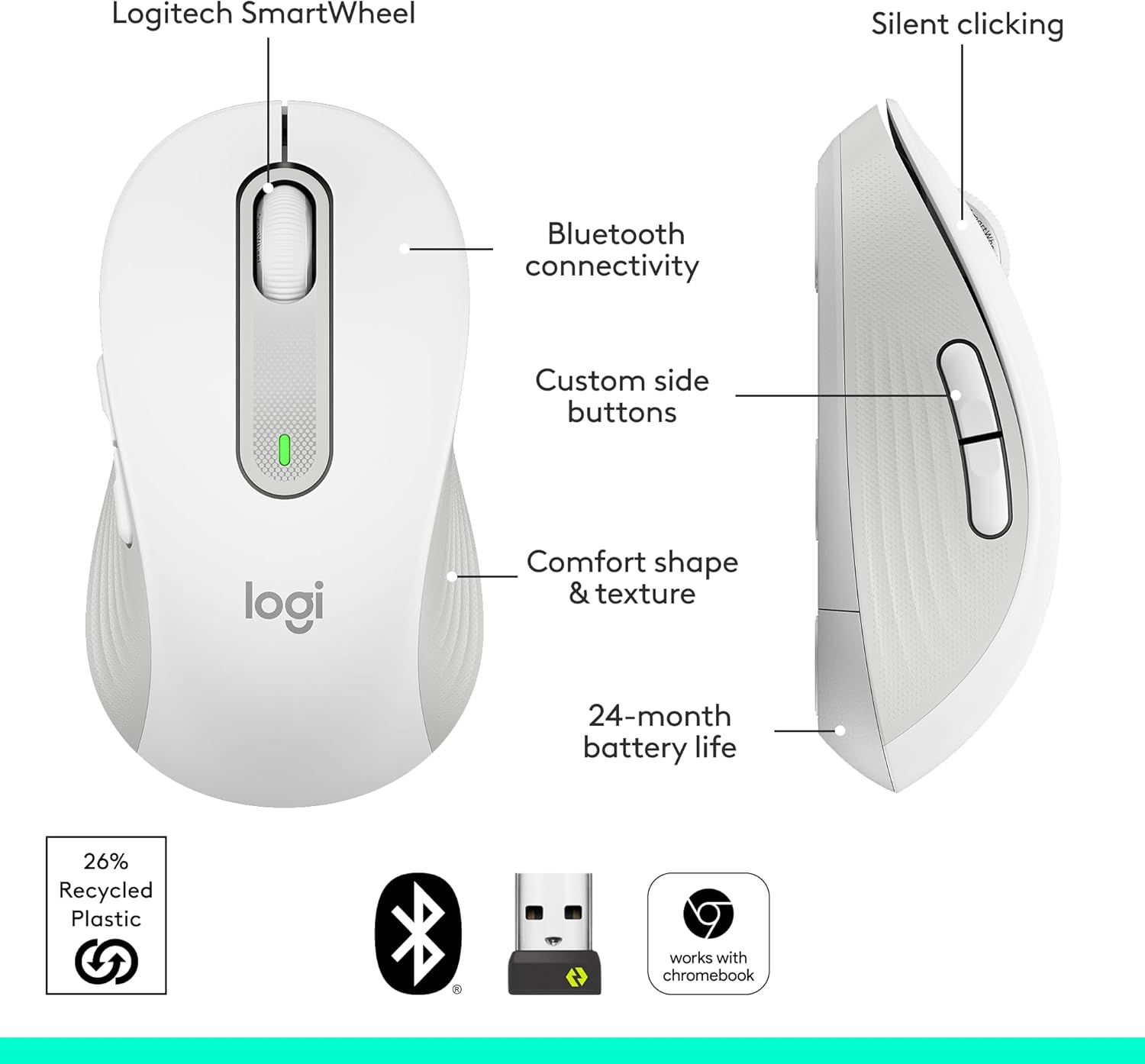 Logitech Signature M650 L – Mouse inalámbrico de tamaño completo, para manos de gran tamaño, batería de 2 años, clics silenciosos, botones laterales