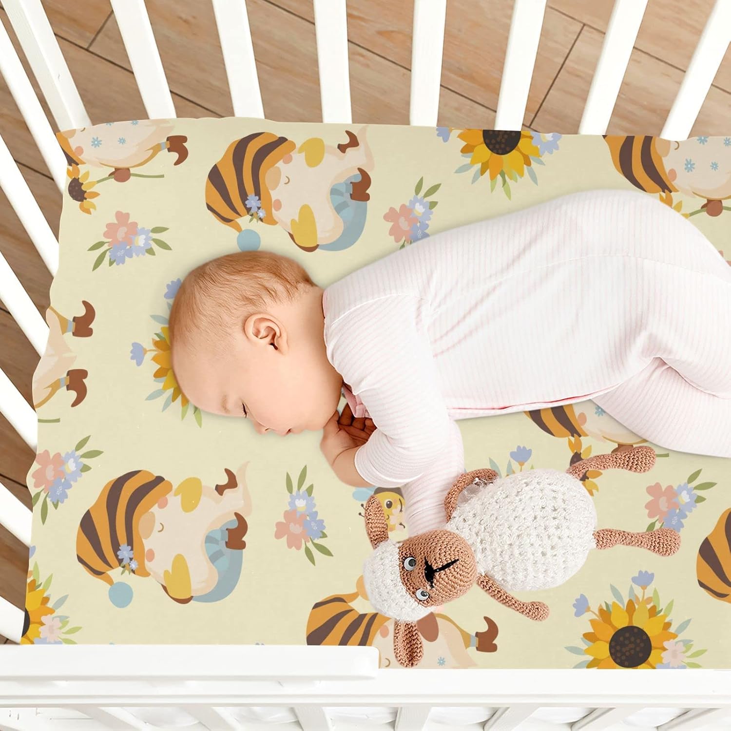 Sábanas bajeras ajustables para cuna, lindos gnomos, abejas, sábanas portátiles y elásticas para bebé niño, colchón de mini cuna transpirable y