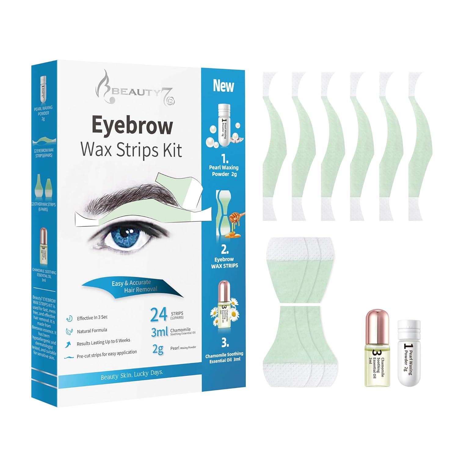 Beauty7 Tiras de cera de cejas para hombre, tiras de cera facial, tiras de depilación en casa, 24 piezas con aceite esencial de polvo de perlas para