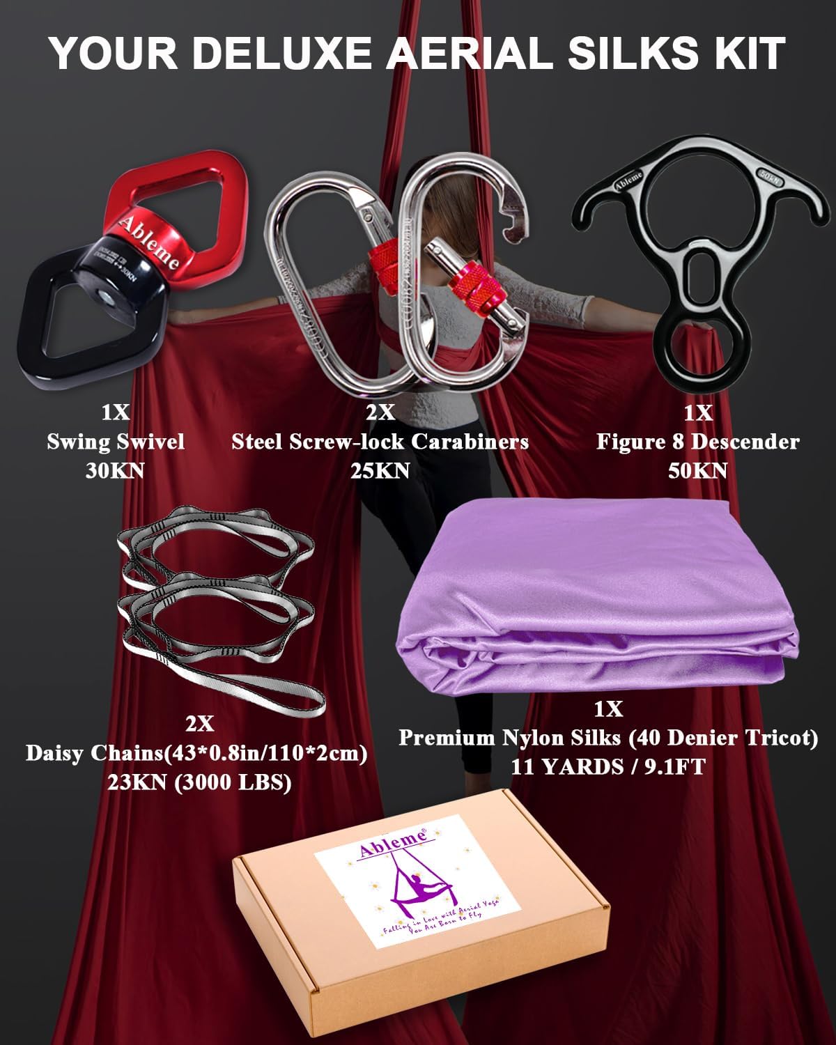 Kit de hamaca de yoga de seda aérea de 11 yardas nailon tricot de seda para danza aérea para el hogar, gimnasio, gimnasia, herramientas y guía de