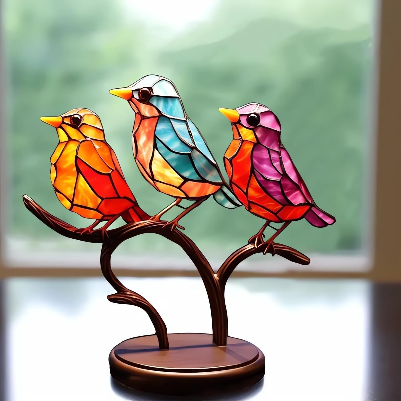 Adornos de escritorio de pájaros en rama, acrílico manchado de doble cara, estatua multicolor de colibrí, escultura de pájaro de arte de metal,
