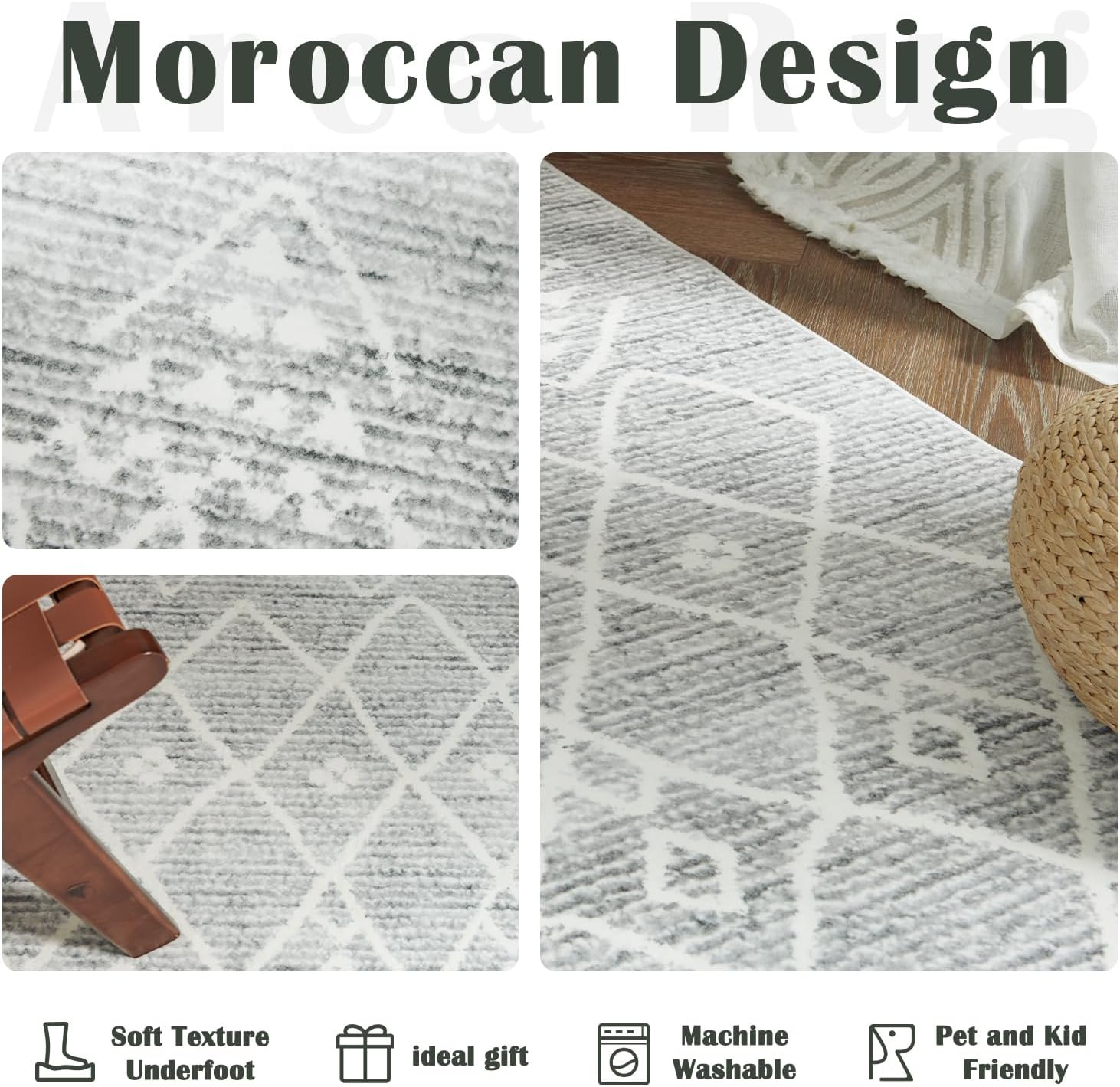 jinchan Alfombra marroquí lavable, moderna, geométrica, antideslizante, con acento para exteriores, delgada, contemporánea, suave, para cocina, sala