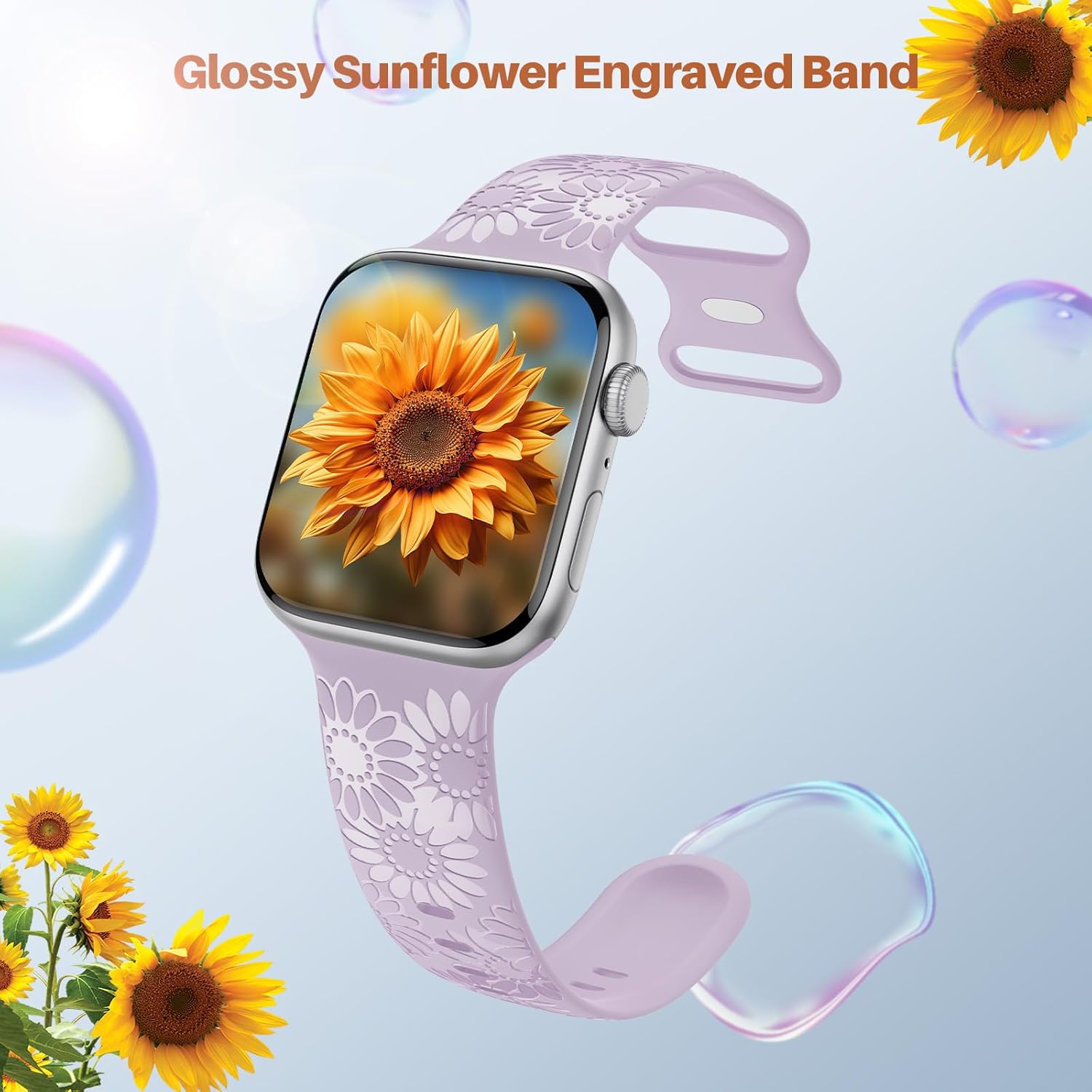 Paquete de 4 correas grabadas de girasol compatibles con Apple Watch Band de 1.575 pulgadas, 1.614 pulgadas, 1.496 pulgadas, 1.654 pulgadas, 1.732