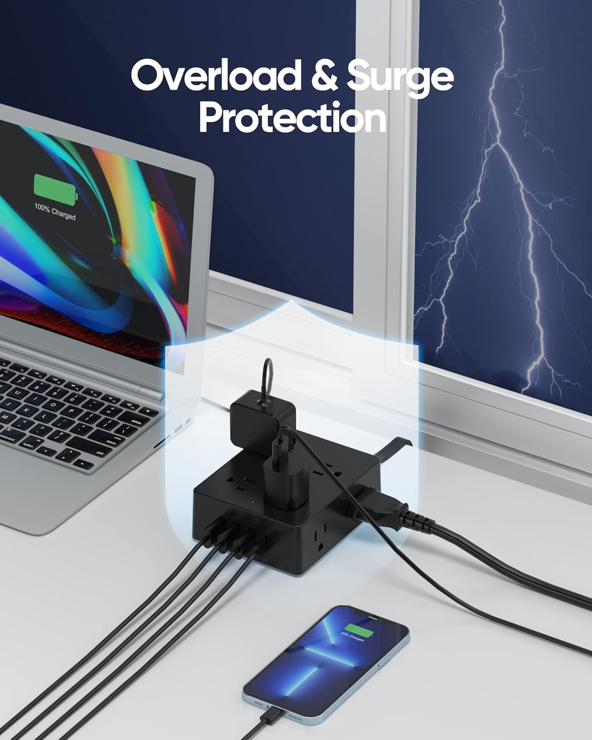 Regleta protectora de sobretensiones, cable de extensión de 25 pies de largo con 8 tomas, 4 puertos USB (1 USB C), extensor de toma de corriente de