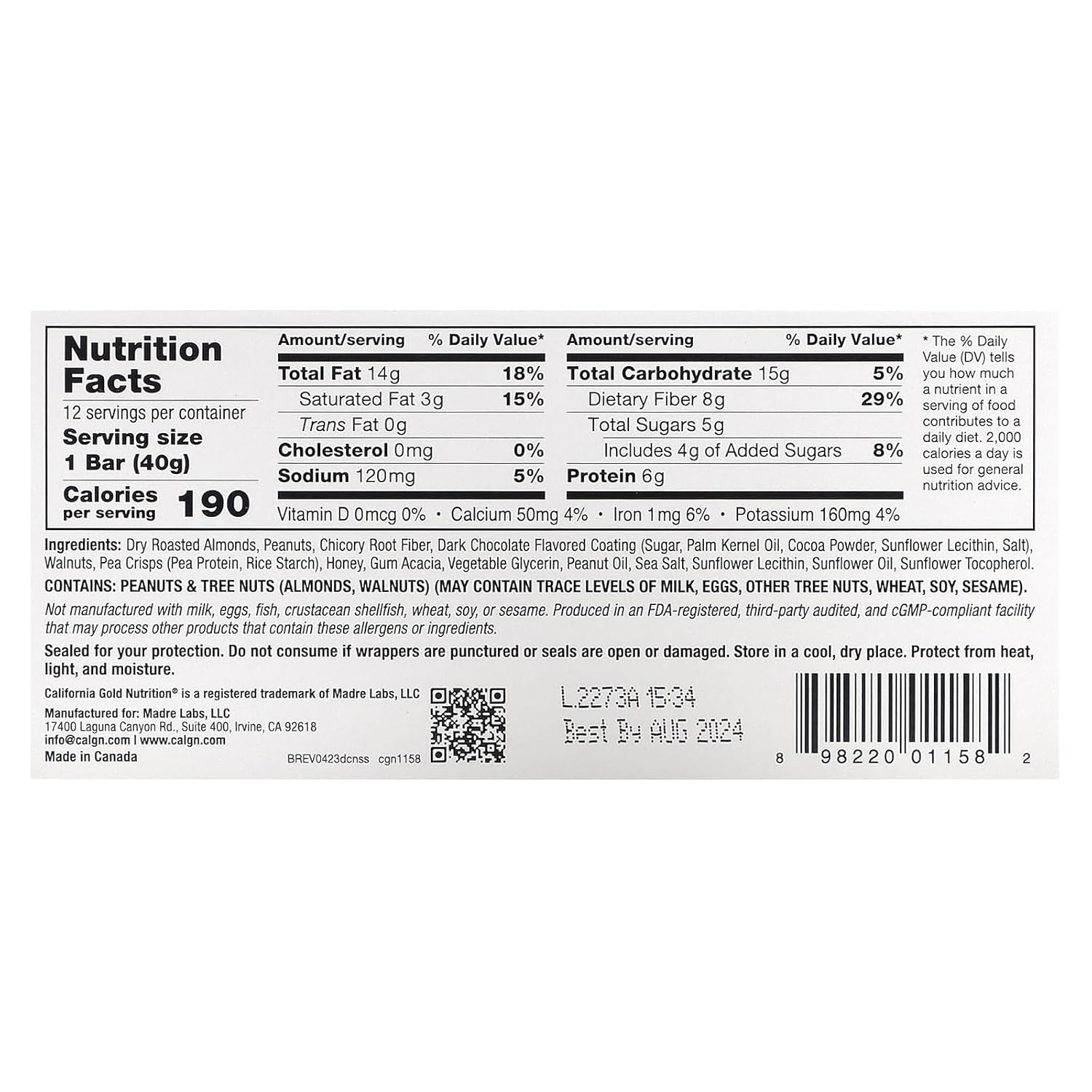 Alimentos – Barra de oro de chocolate negro, nueces y sal marina, 12 barras, California Gold Nutrition