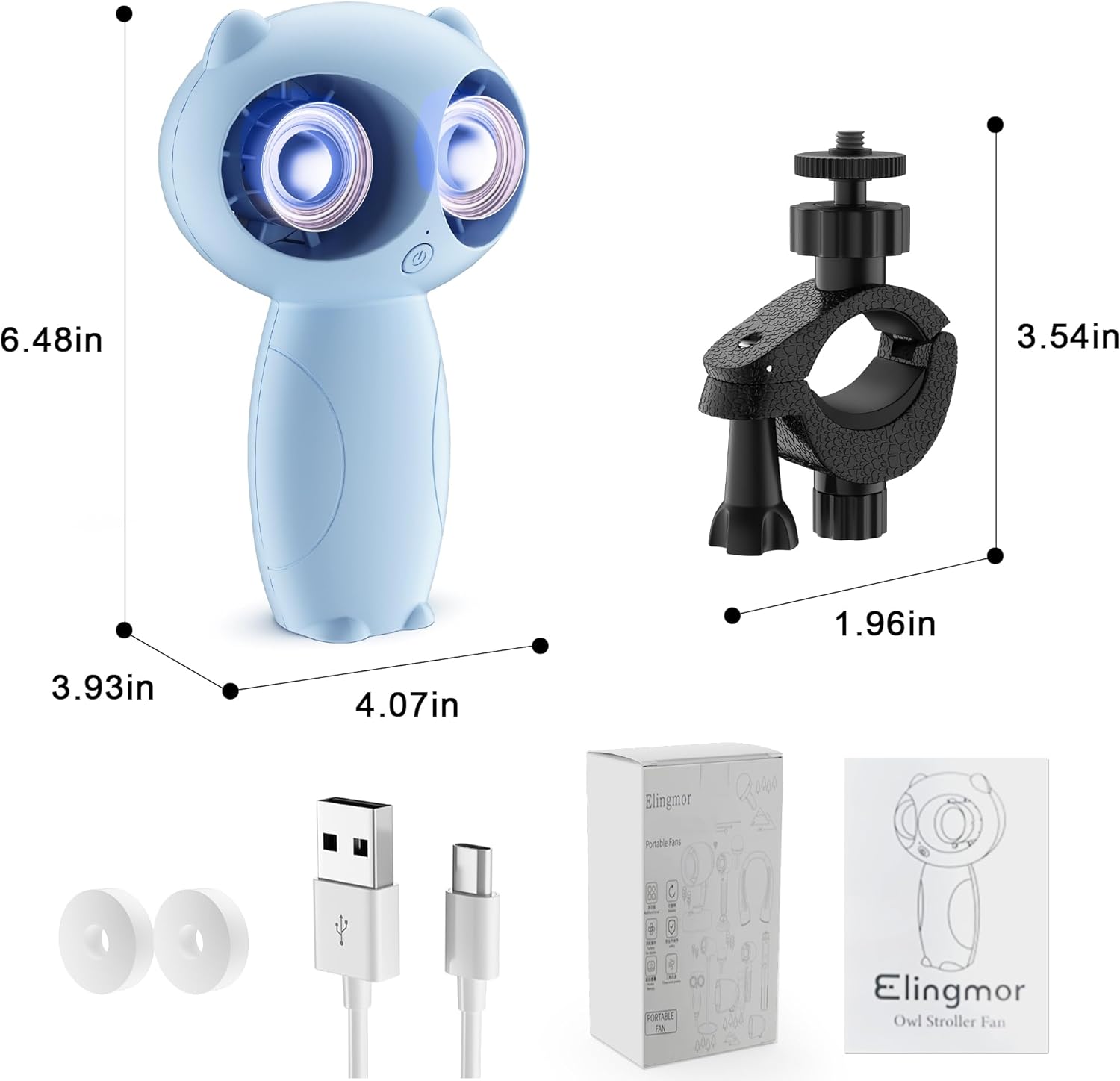 Elingmor Ventilador de cochecito con clips para bebé, ventilador portátil de cochecito de 6000 mAh, funciona con pilas, ventilador recargable