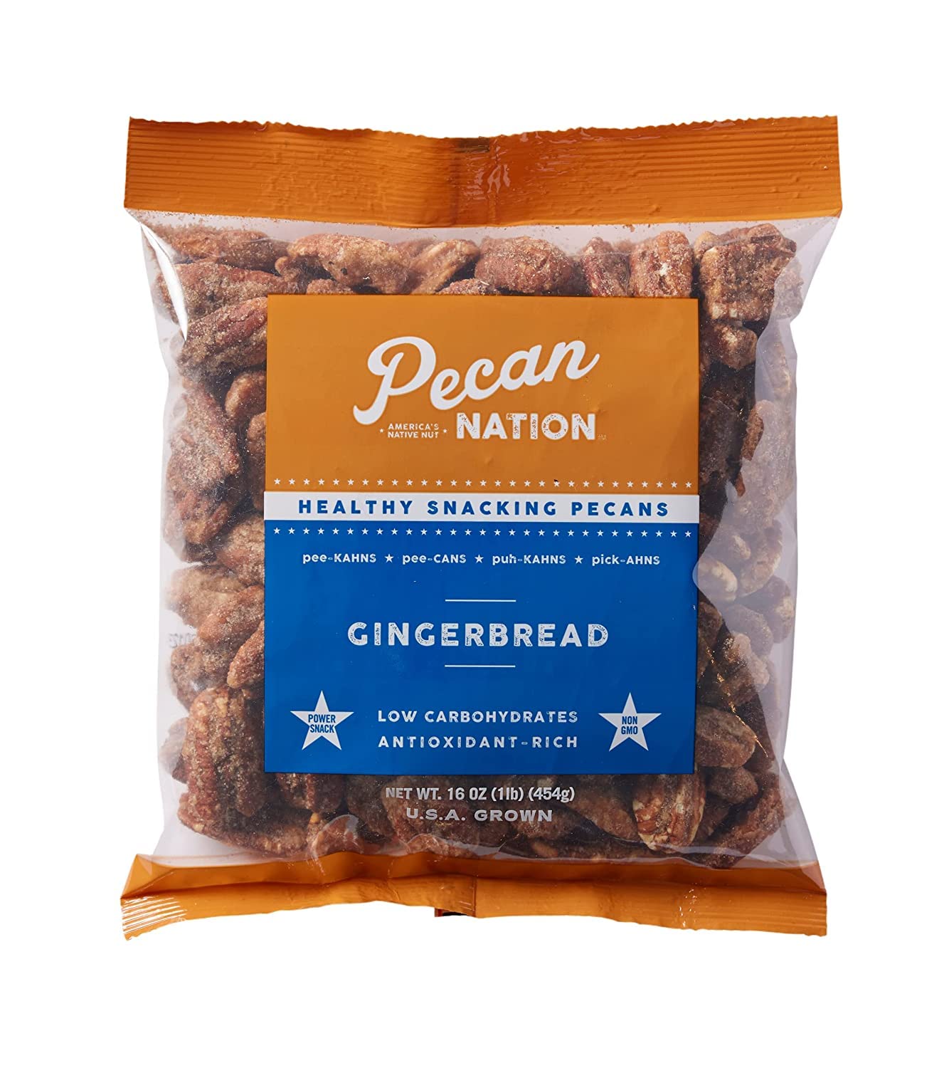 Pecan Nation Gingerbread Holiday – Mitades de nueces tostadas de 16 onzas, natural, sin conservantes, ricas en antioxidantes, sin OMG, nueces