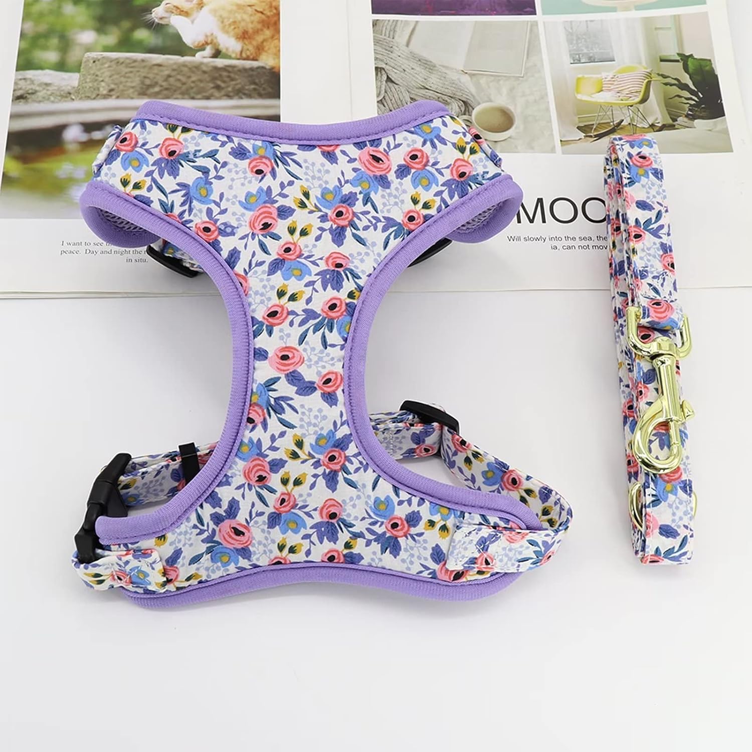 Beirui Juego de arnés y correa para perro con bonito diseño floral, arnés de malla suave ajustable para perro con correa de 5 pies para cachorros