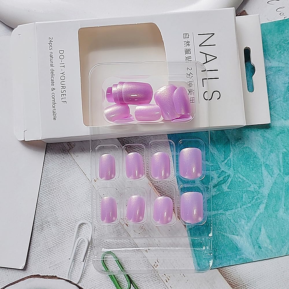 SHANRUN – Juego de 24 uñas postizas a presión color morado grisáceo, cuadradas, brillantes, brillantes, diseño aurora, cobertura completa, kit de