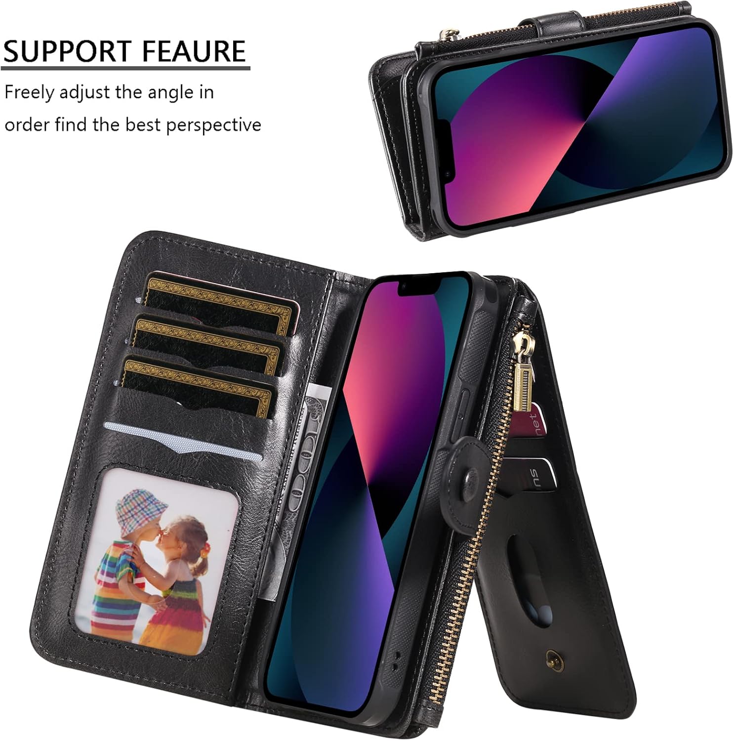Asuwish Funda de teléfono para iPhone 13 Mini de 5.4 pulgadas con cremallera, funda desmontable con protector de pantalla de vidrio templado y