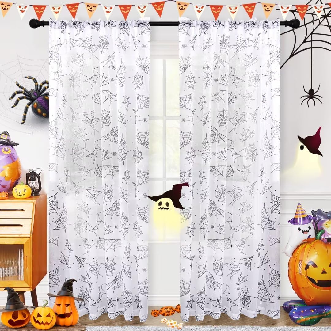Cortinas de Halloween para sala de estar, cortinas traslúcidas blancas de 84 pulgadas de largo, 2 paneles de decoración de Halloween para el hogar,