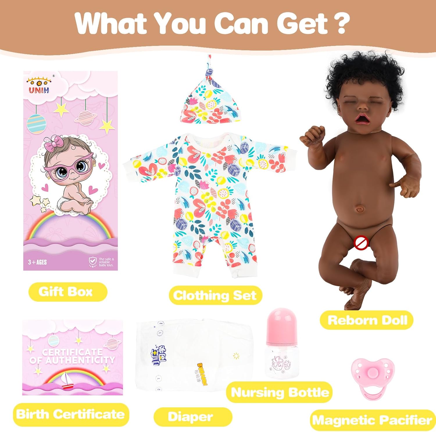 UNIH Muñecas de bebé Reborn de 18 pulgadas, realista, recién nacida, suave, de cuerpo completo, muñecas afroamericanas realistas con ropa y kit de