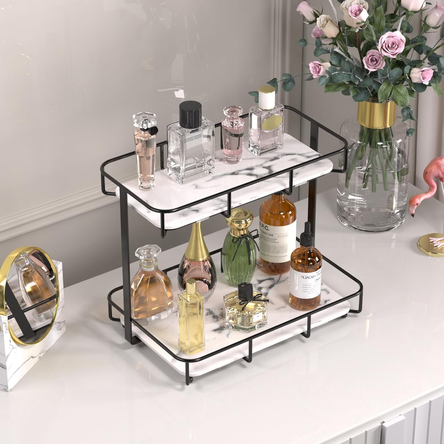 Organizador de baño, organizador de maquillaje, organizador de perfumes, bandeja de cerámica de mármol, organizador de cosméticos y cuidado de la