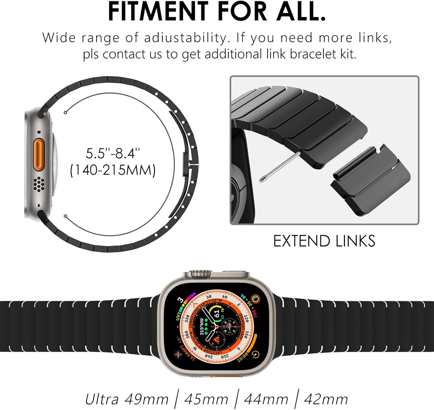 CHANCHY Correa de acero inoxidable para Apple Watch UltraUltra 2 Link de 1.929 in 1.732 in 1.772 in 1.654 in, correa de metal con cierre plegable
