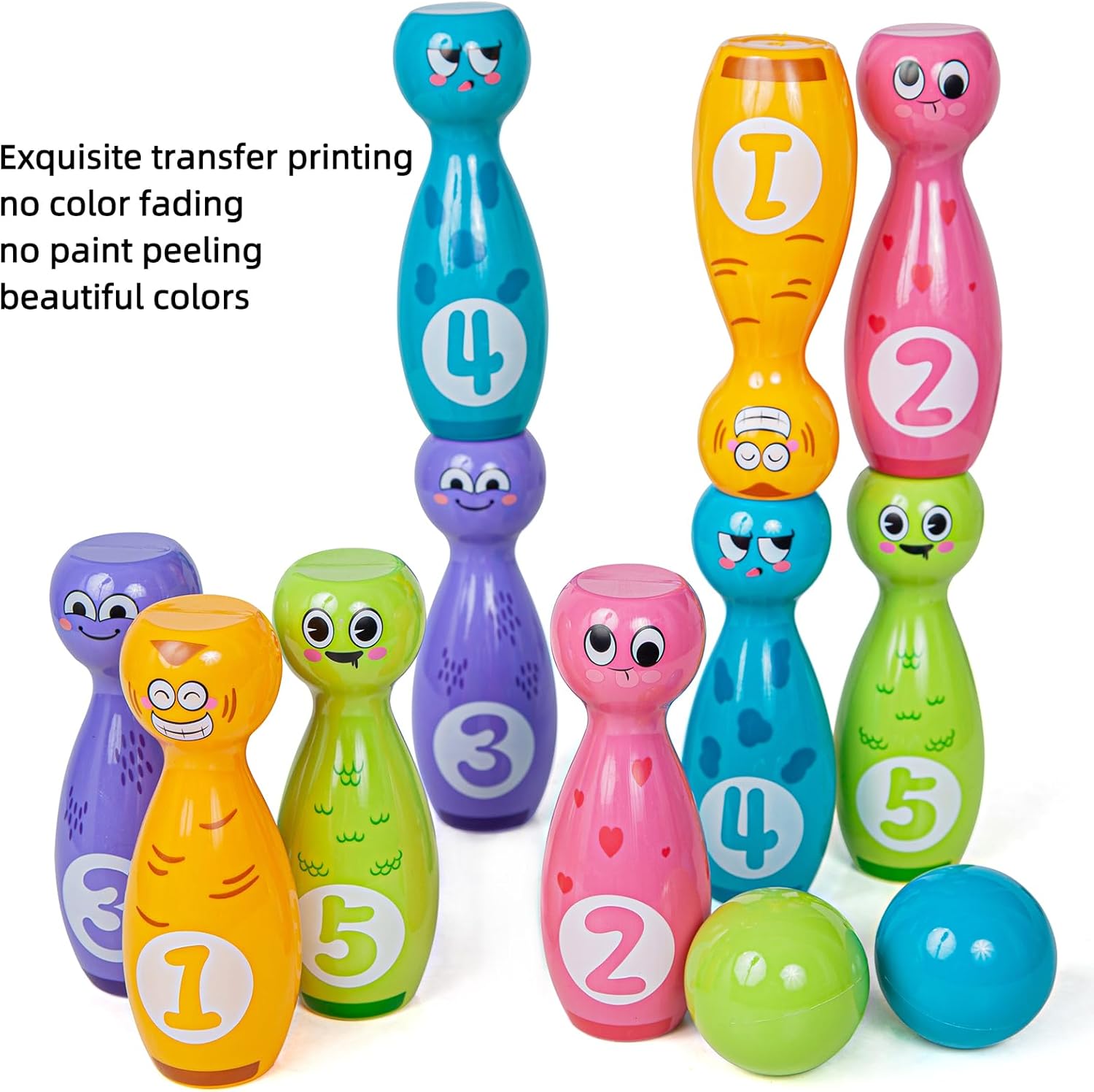 Juego de bolos para niños de 2 a 5 años, incluye 10 pines de plástico y 2 bolas, juegos de actividades en interiores, regalos de cumpleaños para