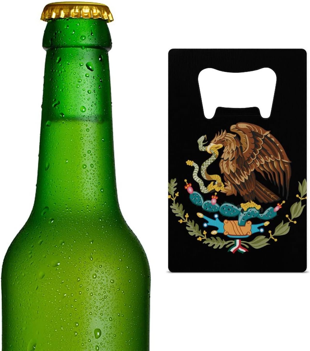Abridor de botellas de acero inoxidable con bandera de México, tarjeta, refresco, cerveza, abrebotellas, tamaño cartera, para cocina, bar,