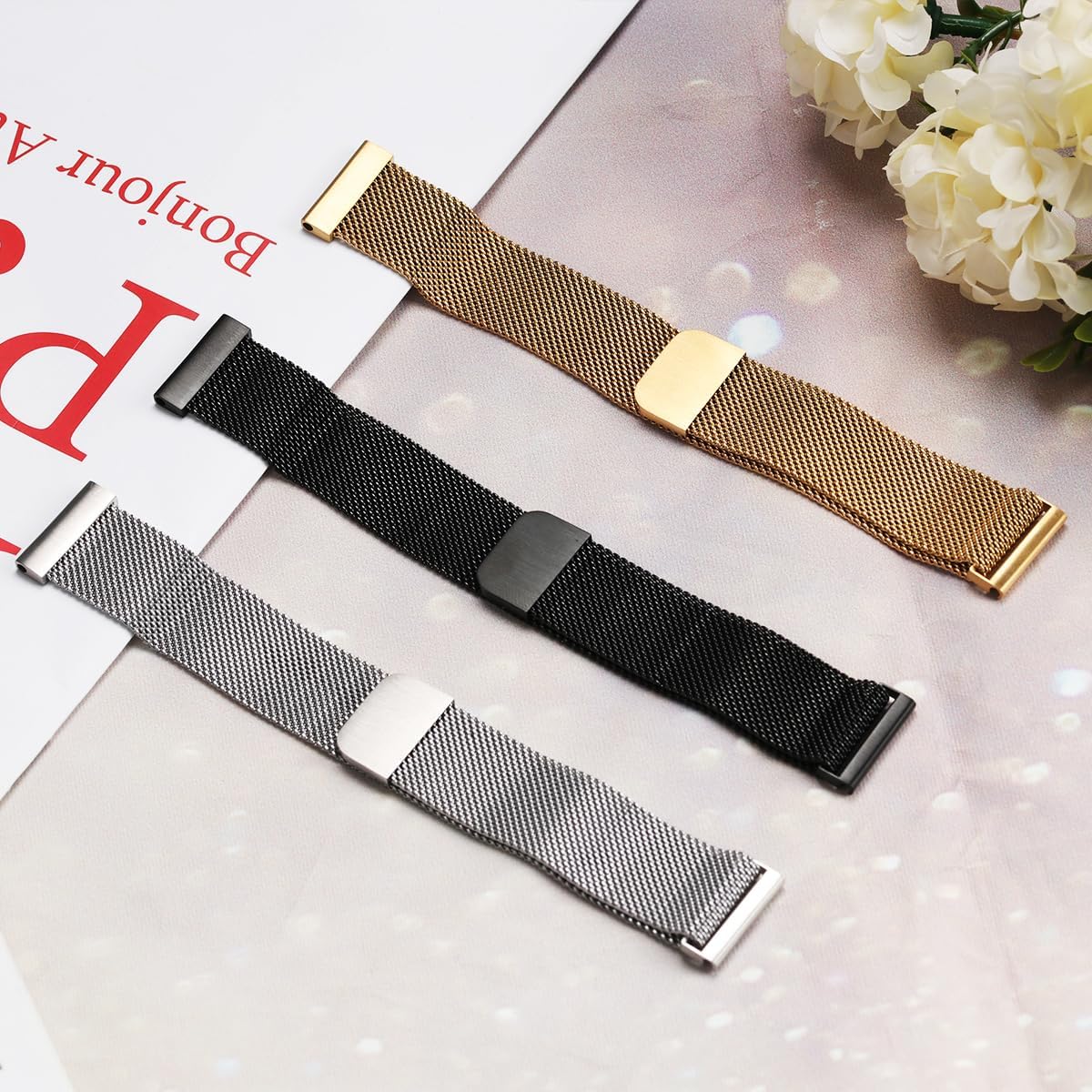 Dniieo Paquete de 2 correas compatibles con Samsung Galaxy Watch 6 5 4 de 1.575 pulgadas, 1.732 pulgadas, 0.772 pulgadas, correa milanesa para