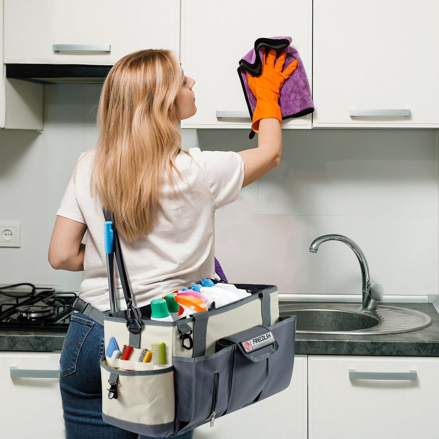 Organizador grande de limpieza para proveedores de limpieza, organizador profesional de limpieza de 15 pulgadas con asa, bolsa de limpieza portátil,