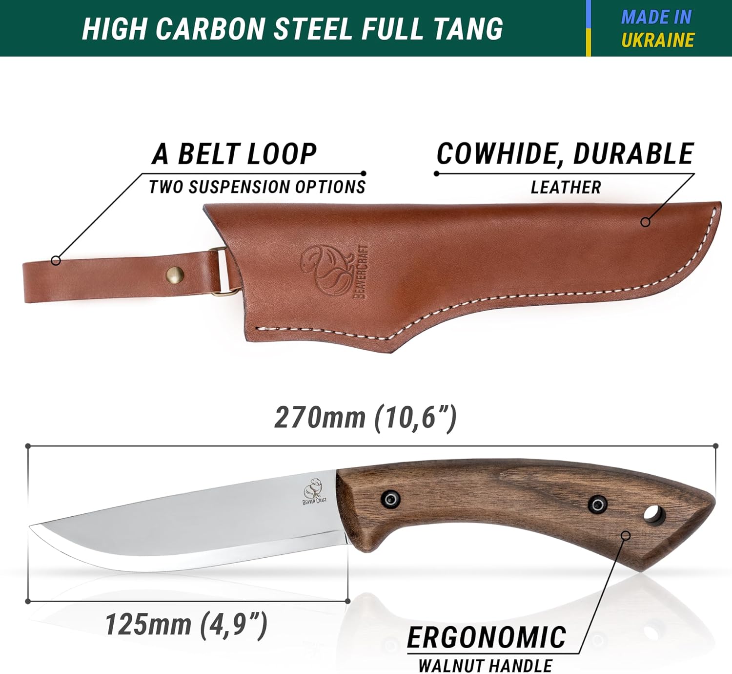 BeaverCraft Bushcraft Cuchillo de hoja fija con funda de cuero, cuchillo de camping, cuchillo de espiga completa, cuchillos de acero al carbono,