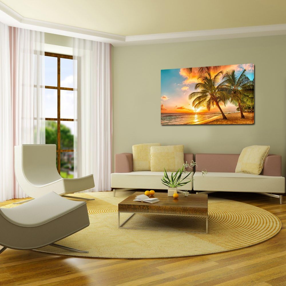 KREATIVE ARTS Lienzo grande para decoración del hogar, puesta de sol, paisaje marino, playa de coco, pintura moderna, arte de pared, lienzo