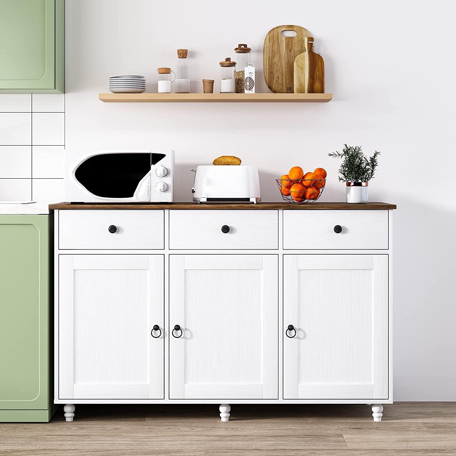 Armario de buffet blanco con almacenamiento, gabinete de cocina de 47 pulgadas con puertas de granero, armario de almacenamiento aparador con