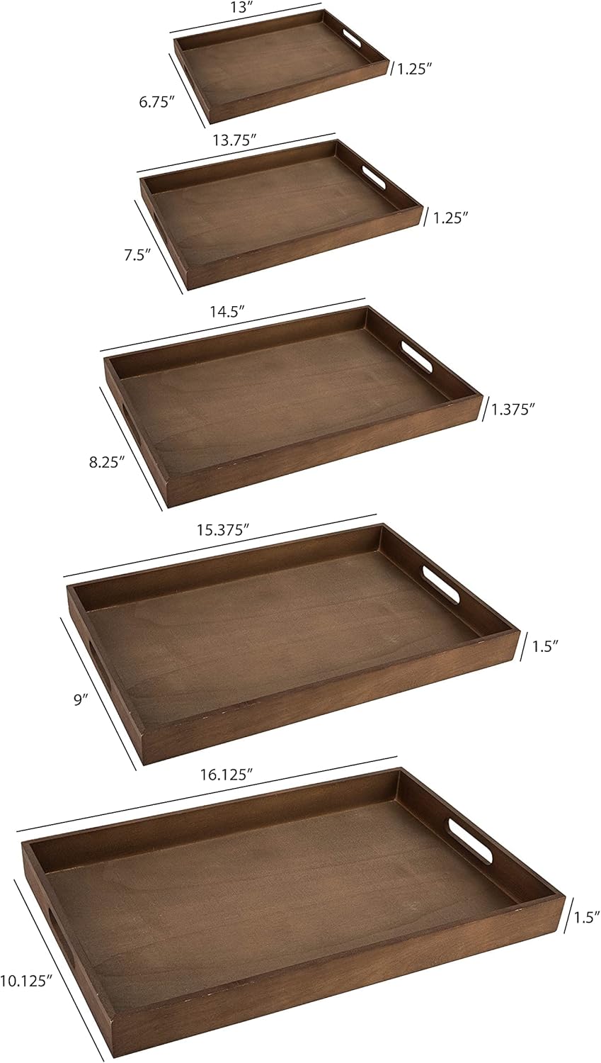 Bandeja para servir de madera oscura con asas, bandeja de desayuno anidada, bandejas de madera para organizar, bandeja de baño, bandejas de