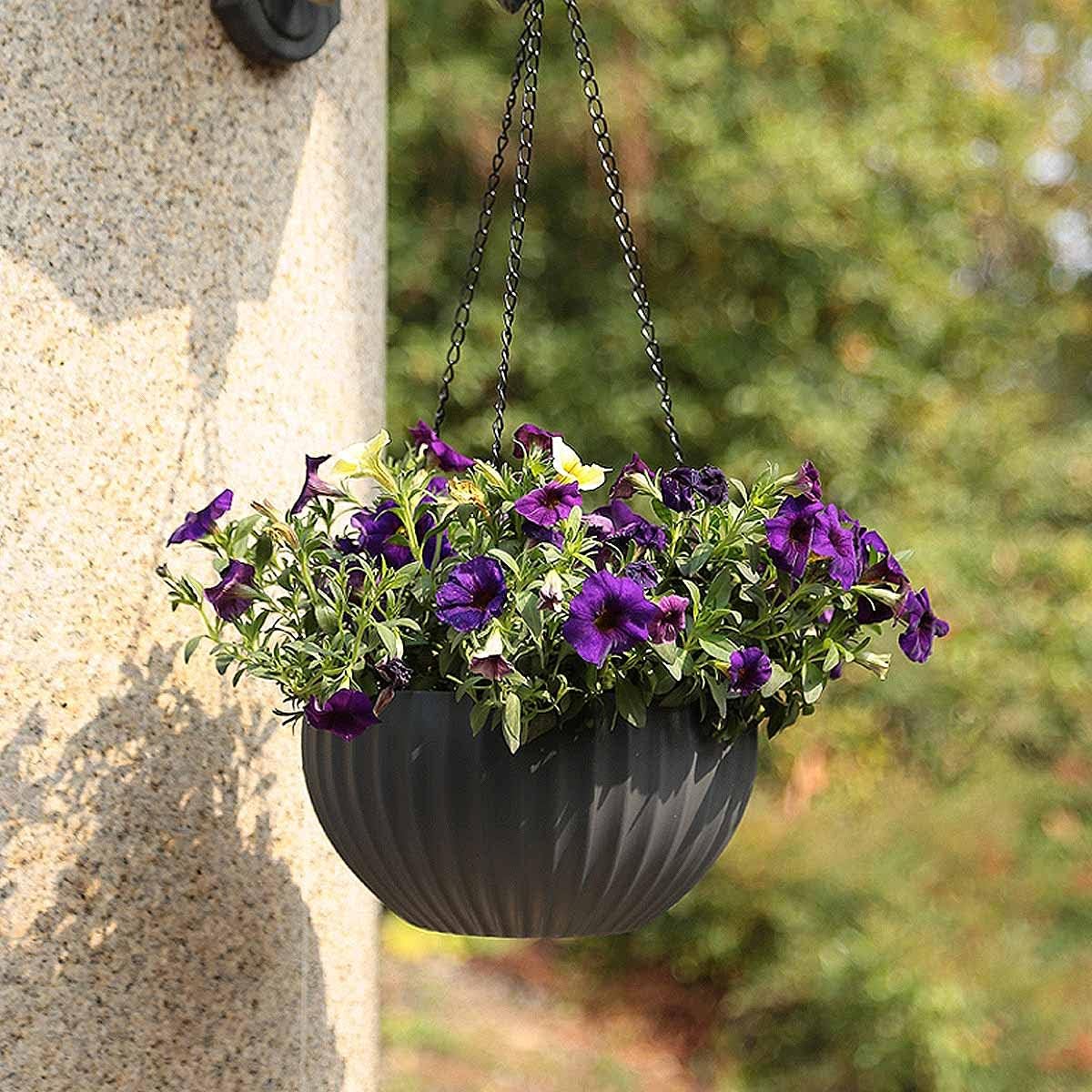 ZH-002 – Paquete de 1 cesta colgante redonda negra de 8.3 pulgadas, maceta colgante de metal, maceta de plástico de cerámica de imitación, maceta