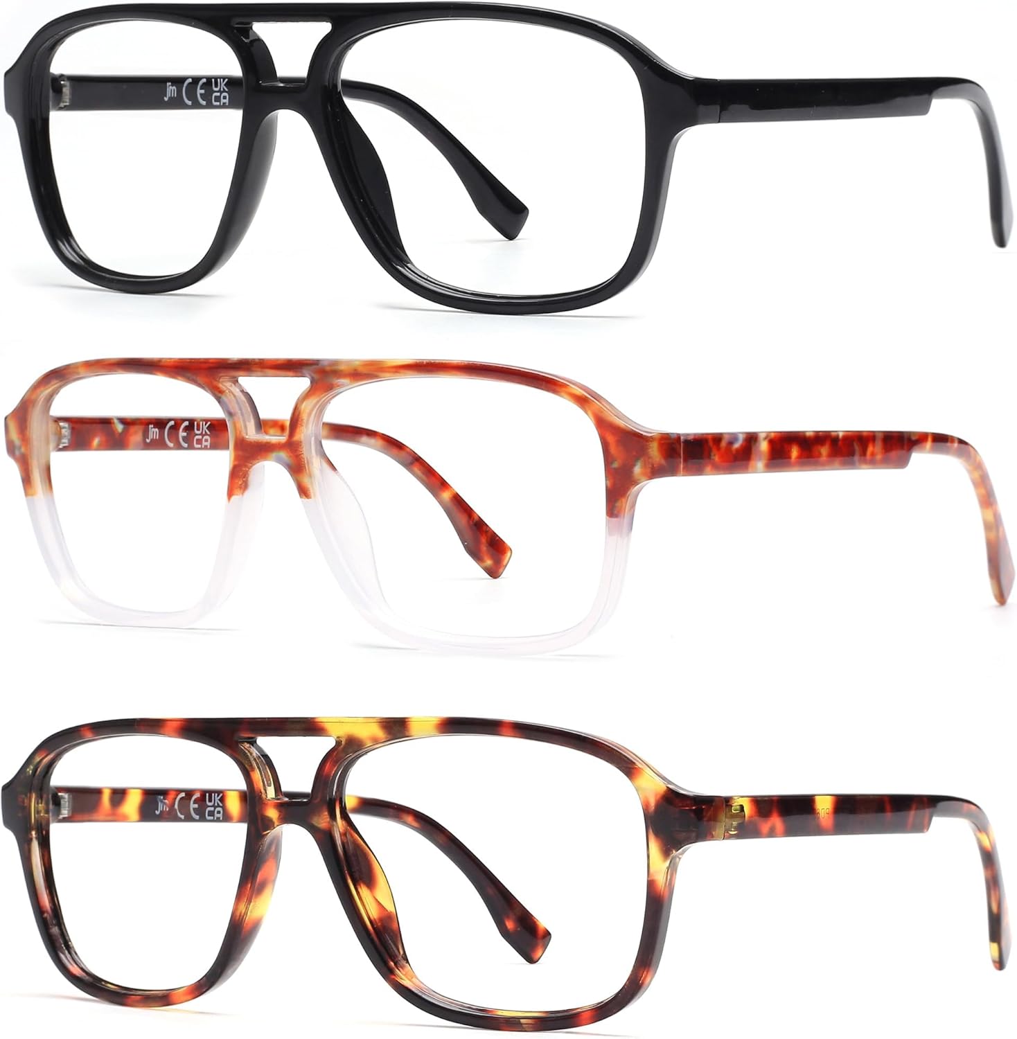 JM Paquete de 3 lentes de lectura de aviador de gran tamaño para mujeres y hombres, retro cuadrados con luz azul para lectura de computadora
