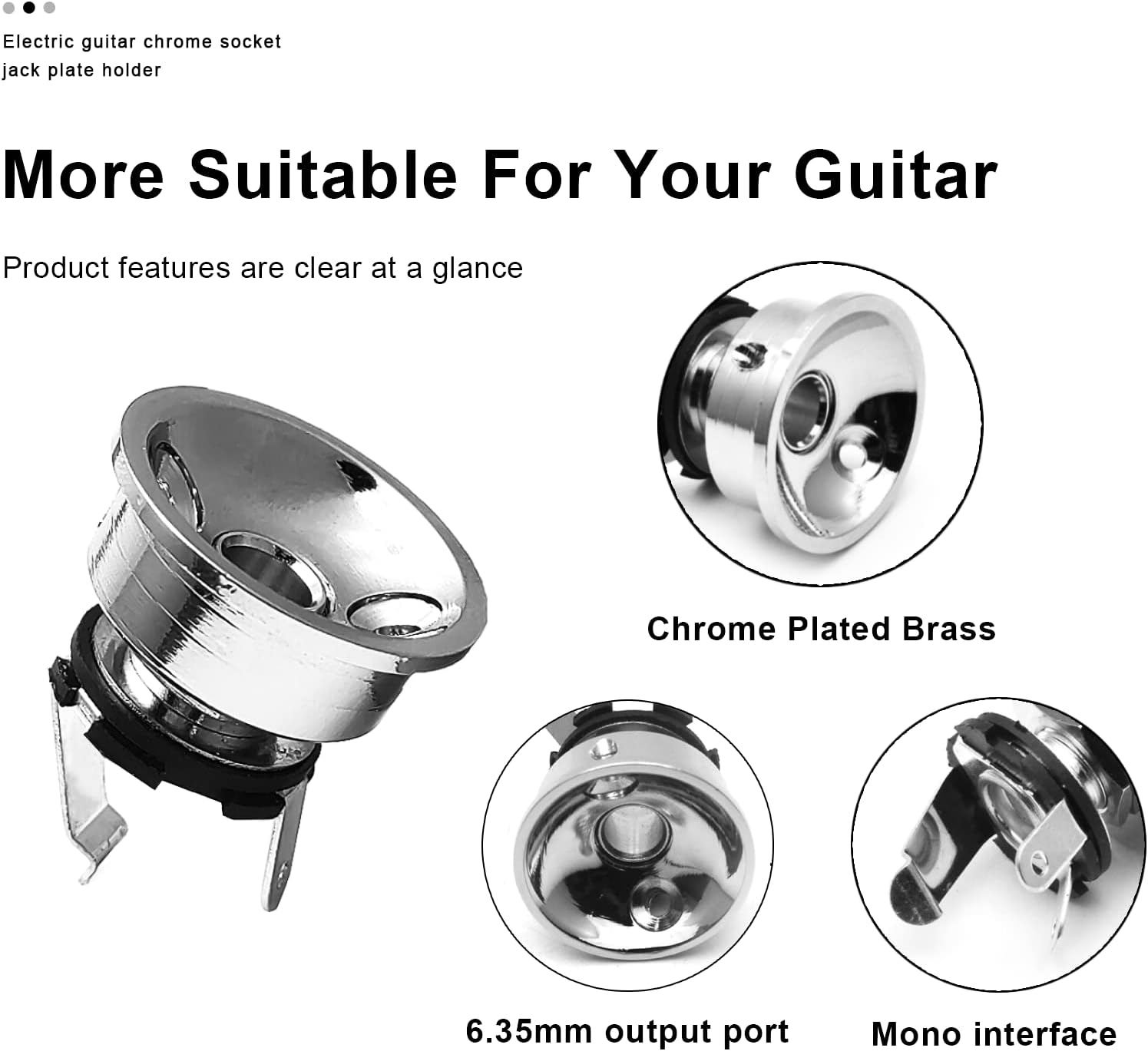 SAPHUE Soporte de placa de enchufe cromado para guitarra eléctrica, enchufe de 0.250 in, electrocohete empotrado, piezas de guitarra (entrega de