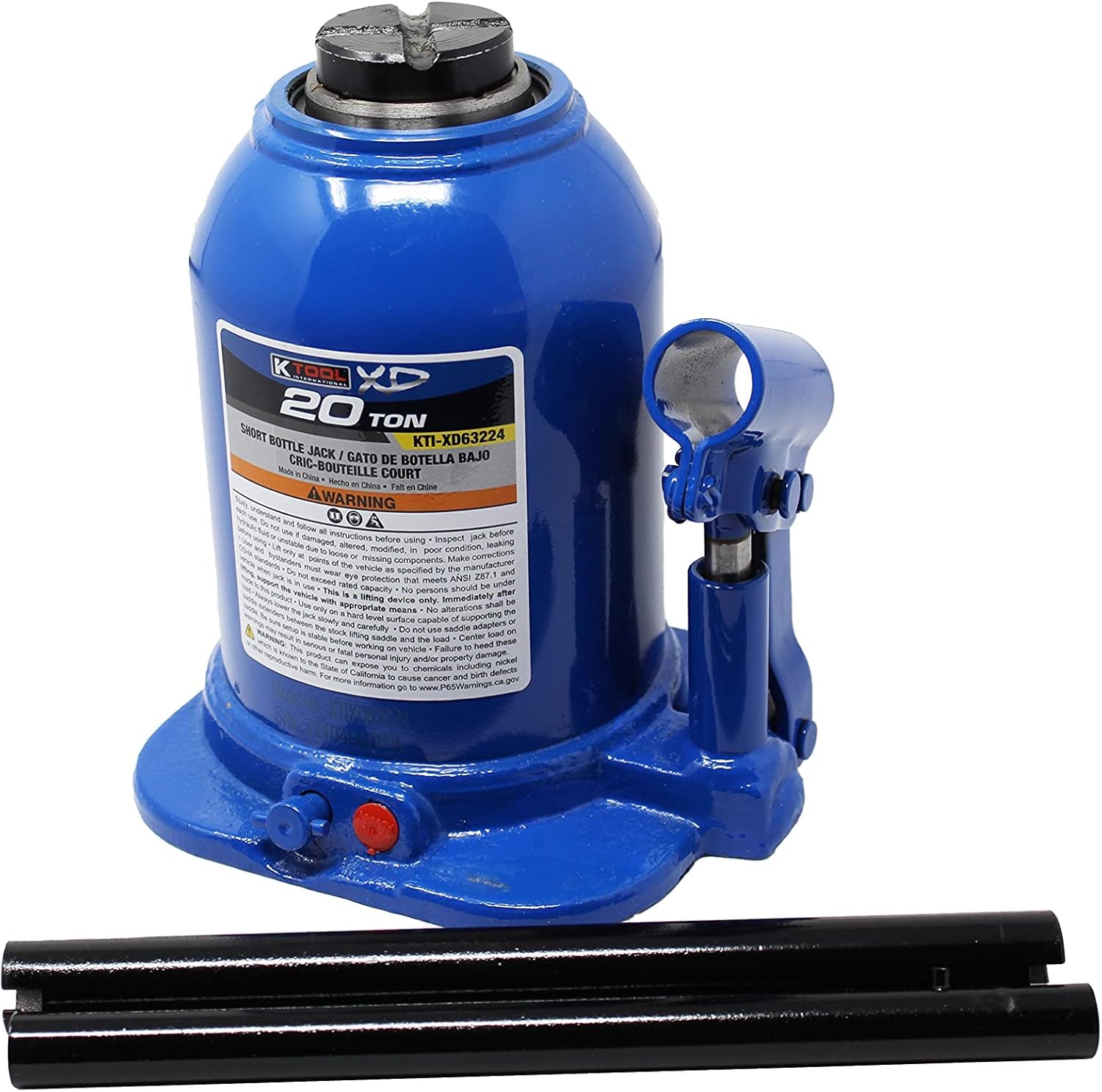 K Tool International XD63224 Gato hidráulico corto de 20 toneladas para garajes, talleres de reparación y bricolaje, capacidad de 44,000 libras,