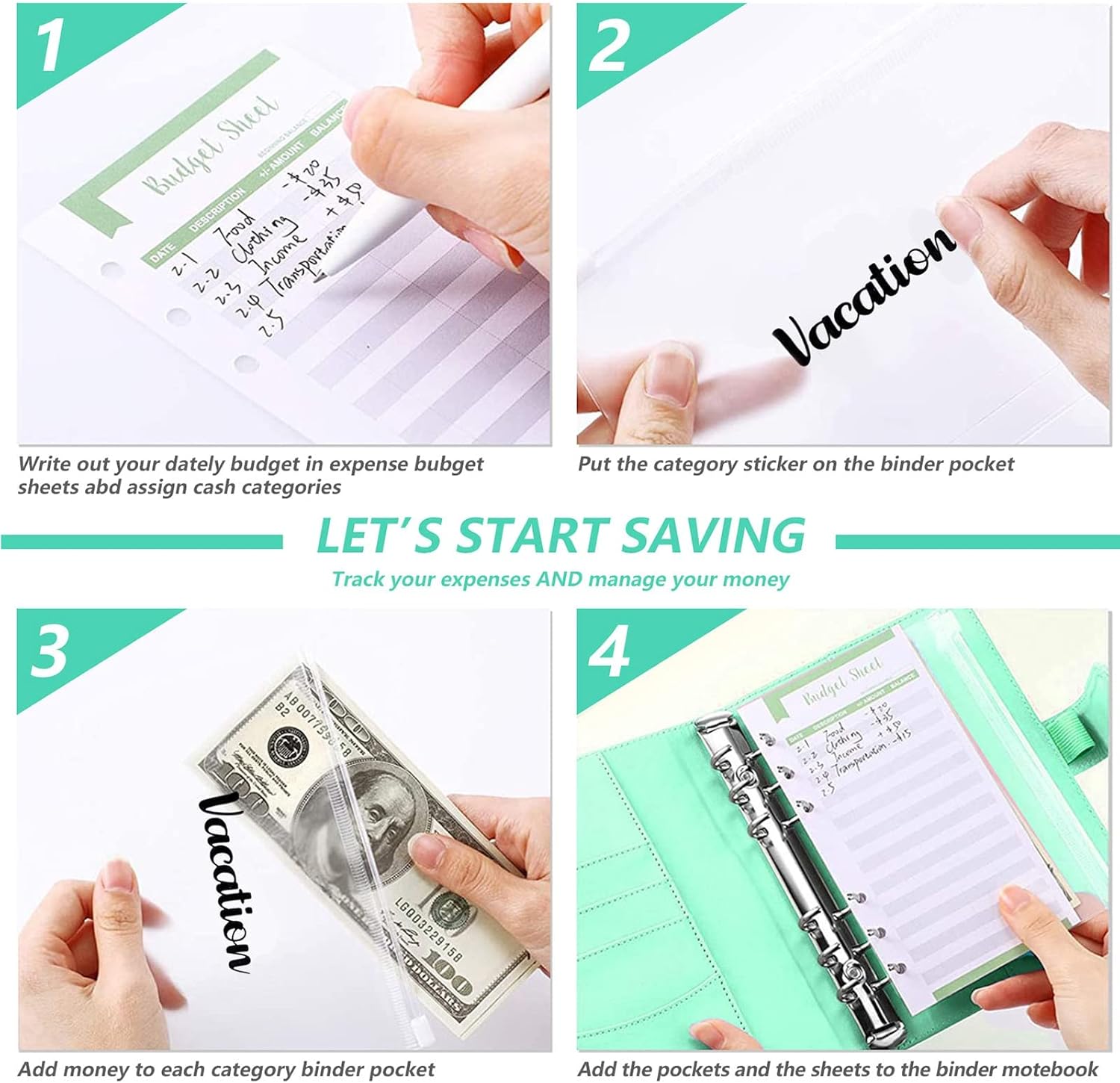 Carpeta de piel sintética para planificar presupuestos A6 de 6 colores con sobres de efectivo con cremallera y hojas de presupuesto de gastos, libro
