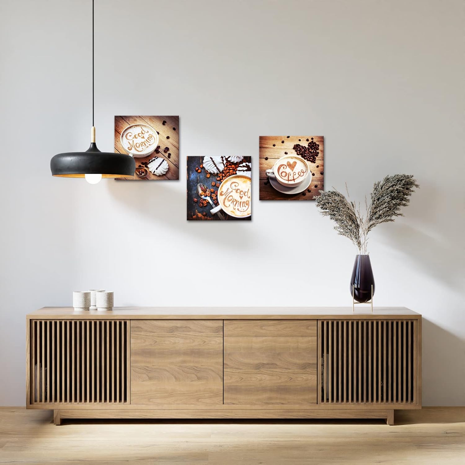 iLOOKLiKE 3 paneles de lienzo de cocina, arte de pared, granos de café, impresiones de imagen de taza de café en mesa de madera vintage, póster de