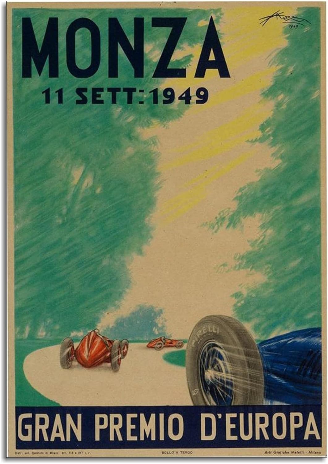 Póster en lienzo de carreras de estilo vintage de Monza 1949 para decoración de la oficina en el hogar, con marco, 12 x 8 pulgadas