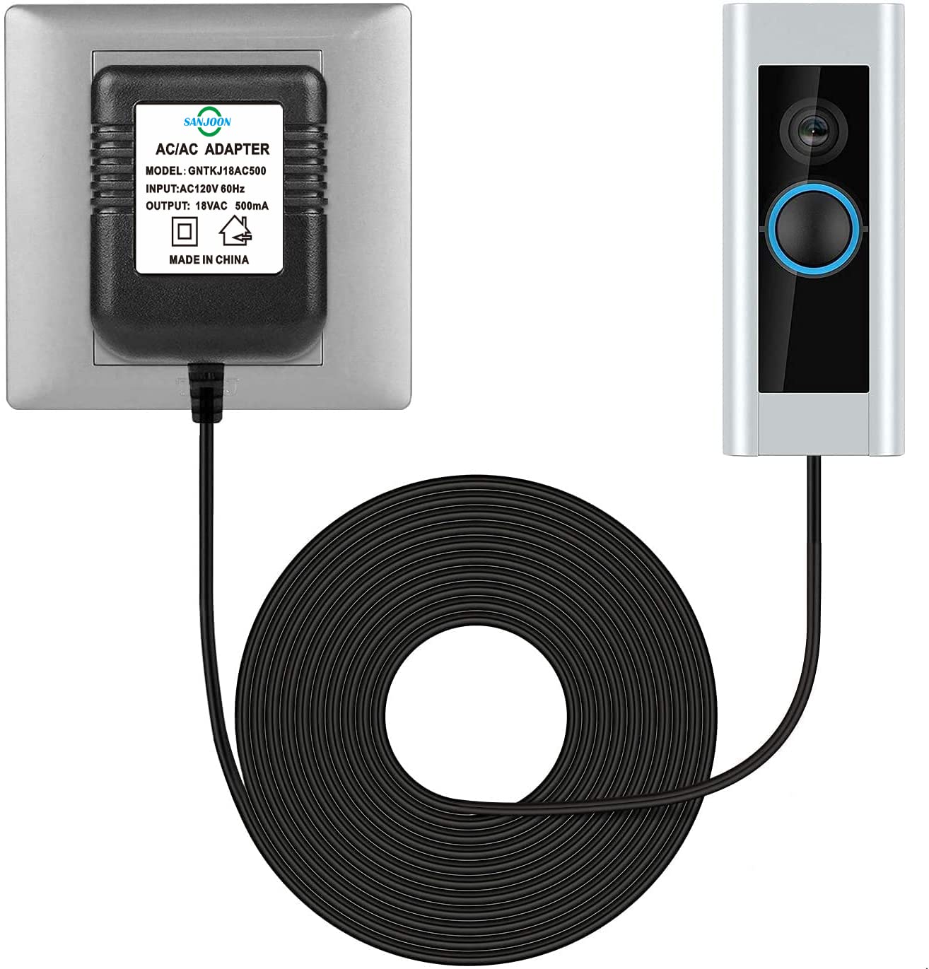 Timbre de puerta de 26 pies Transformador 18V500mA Adaptador de corriente para timbre de video Ring Nest Eufy Wyze Arlo Timbre de puerta inalámbrico