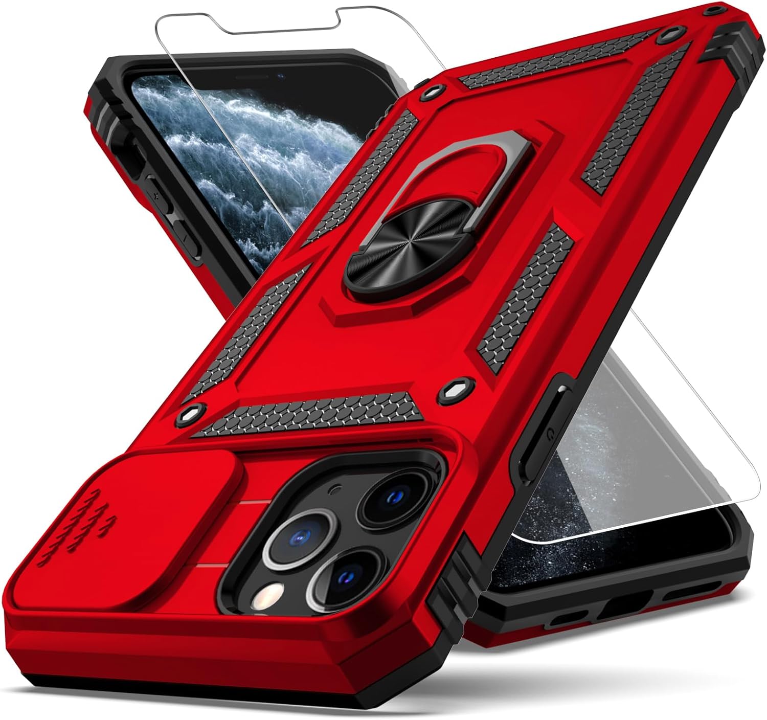 Funda para iPhone 11 Pro Max con cubierta deslizante para cámara + protector de pantalla HD, soporte de anillo giratorio de grado militar a prueba