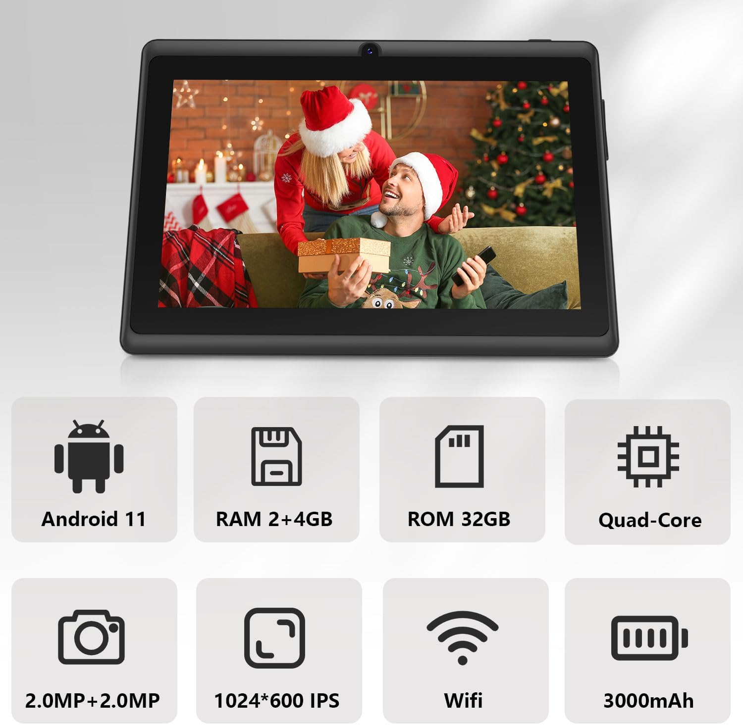 WXUNJA Tablet Android 11, 2+4GB RAM 32GB ROM, procesador de cuatro núcleos, cámara dual, WiFi, conector para auriculares de 0.138 in, FM Bluetooth,