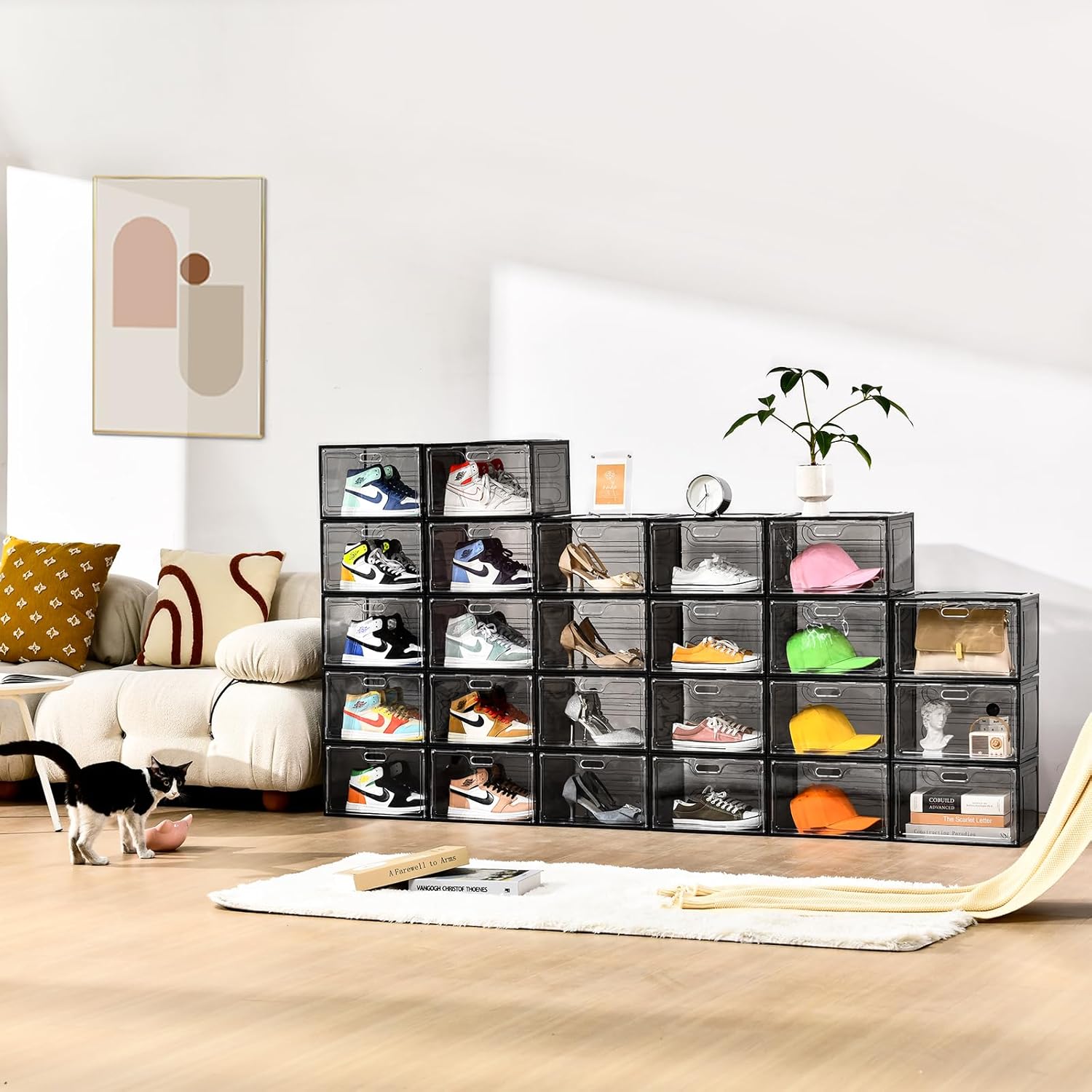 Paquete de 8 cajas de zapatos apilables color gris, organizador grande de almacenamiento de zapatos con tapas, contenedores laterales caídos para