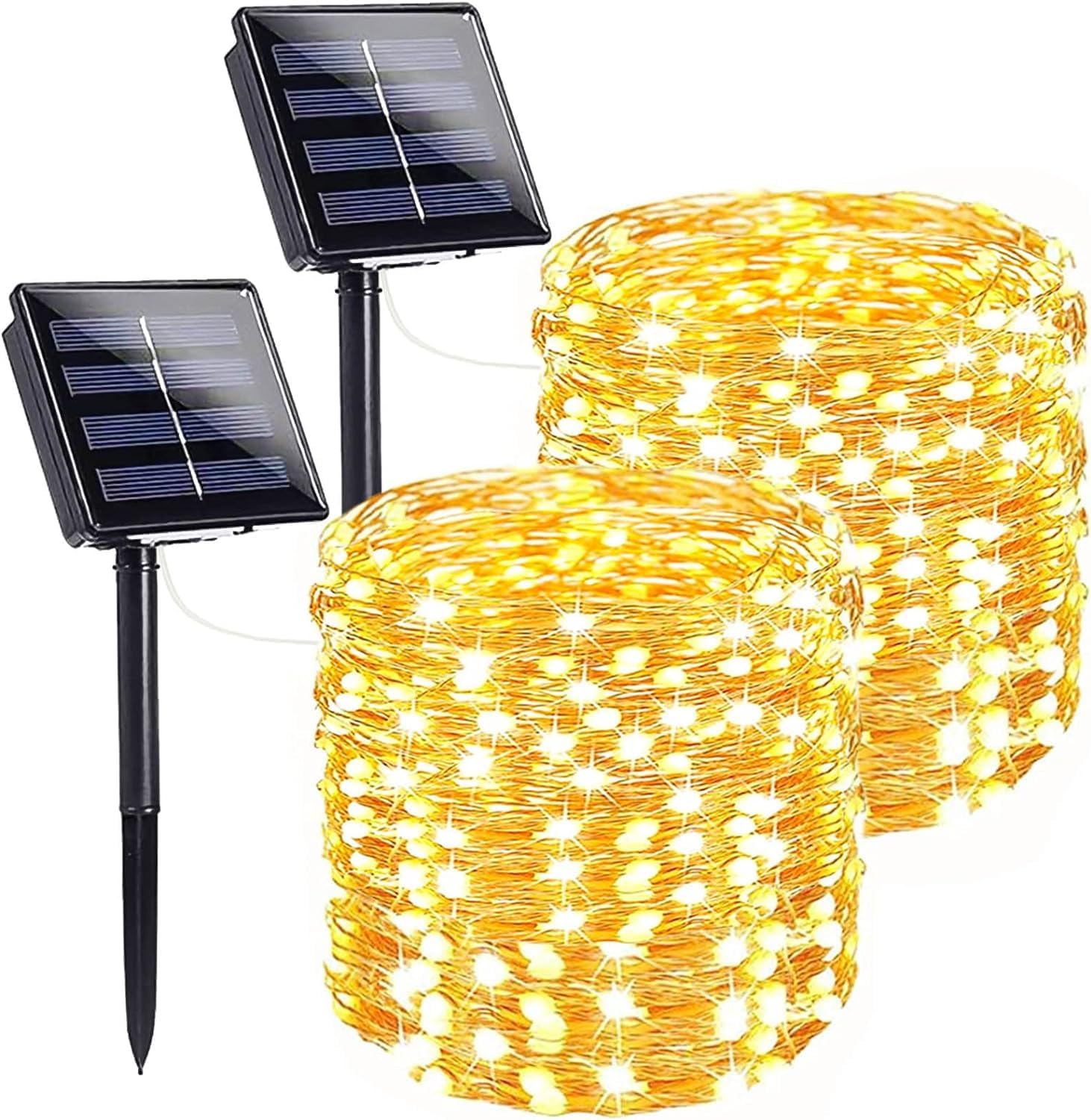 Paquete de 2 tiras de 200 luces LED solares de 66 pies para exteriores, funciona con energía solar, impermeable, con 8 modos, luces solares