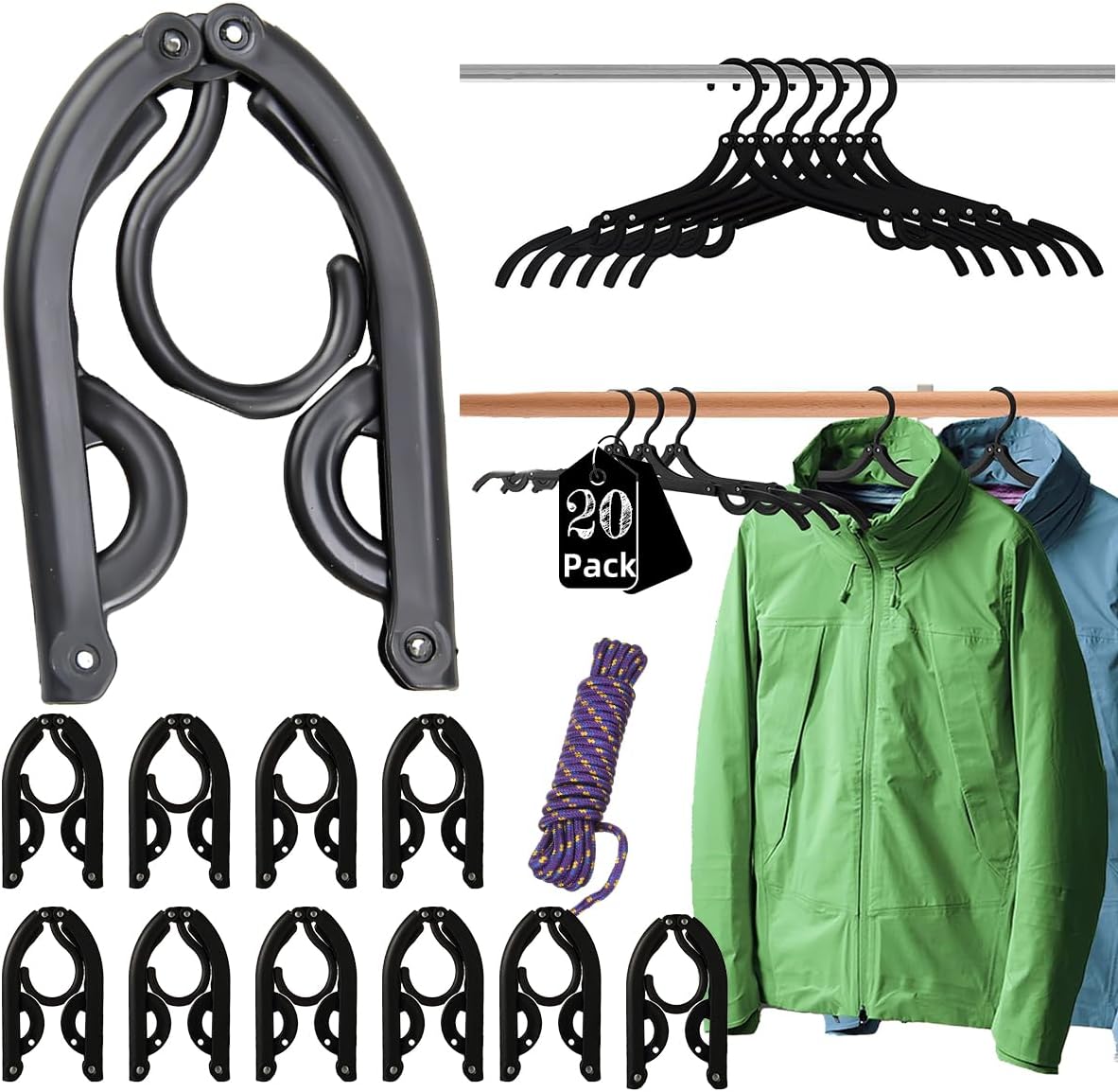20 perchas de viaje plegables negras  Perchas de ropa plegables portátiles de carga ligera, accesorios de viaje de alto rodamiento, estante de