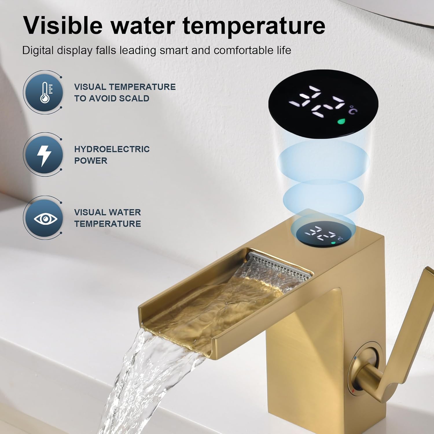 Grifo del lavabo del baño, pantalla de temperatura LED, energía hidráulica dorada cepillada, grifo de latón de una sola manija sin plomo comercial