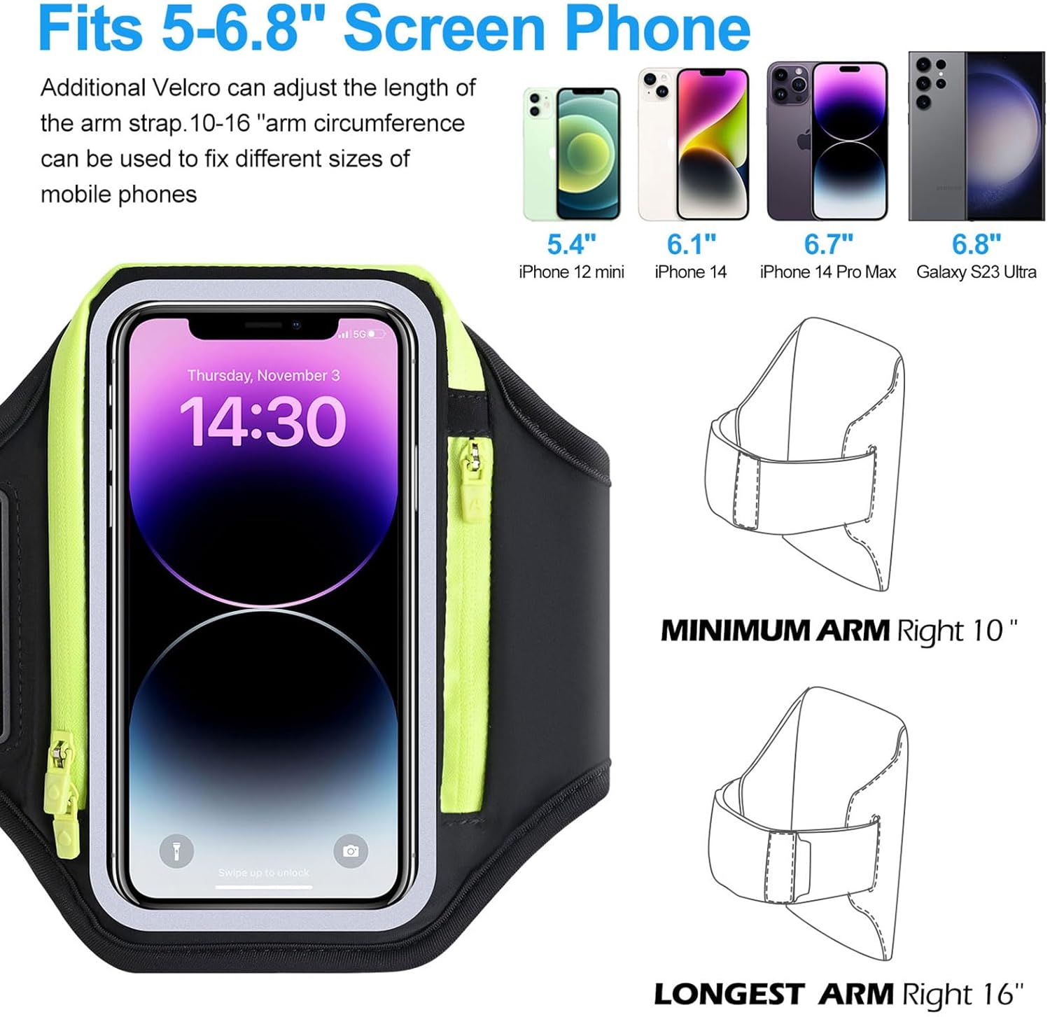 Banda de brazo de 6.8 pulgadas para teléfono para correr con bolsa para auriculares, funda para iPhone 14, 13, 12, 11 Pro Max, Galaxy S23 S22, ultra