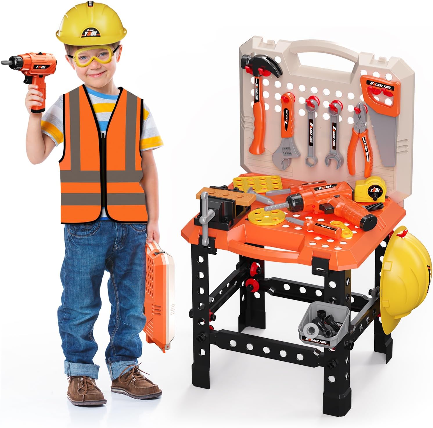 Banco de herramientas para niños, banco de trabajo de juguete con taladro eléctrico, accesorios de herramientas de juguete y chaleco de