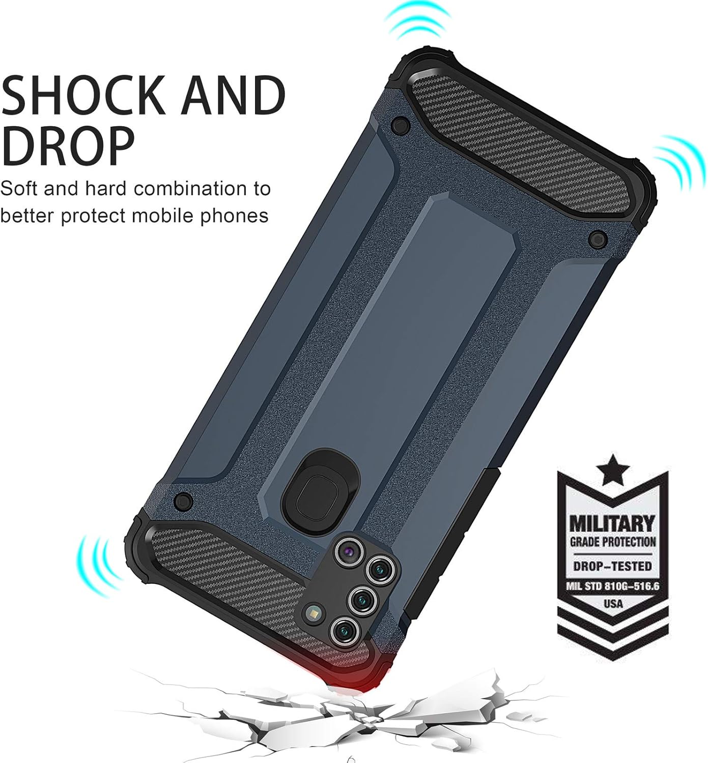 Asuwish Funda compatible con Samsung Galaxy A21S y protector de pantalla de vidrio templado, accesorios de celda, fundas resistentes de doble capa